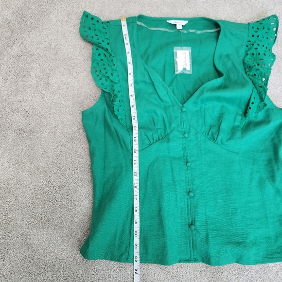 Fairycore Green Linen Blend Milkmaid Sleeveless Top Eyelet Ruffle Sleeves Size M - Picture 6 of 9